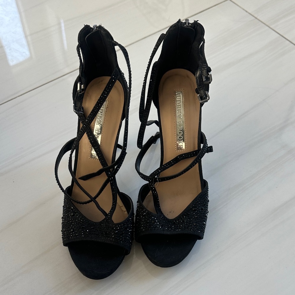 Audrey Brooke Black Strappy Heels with Sparkling Details